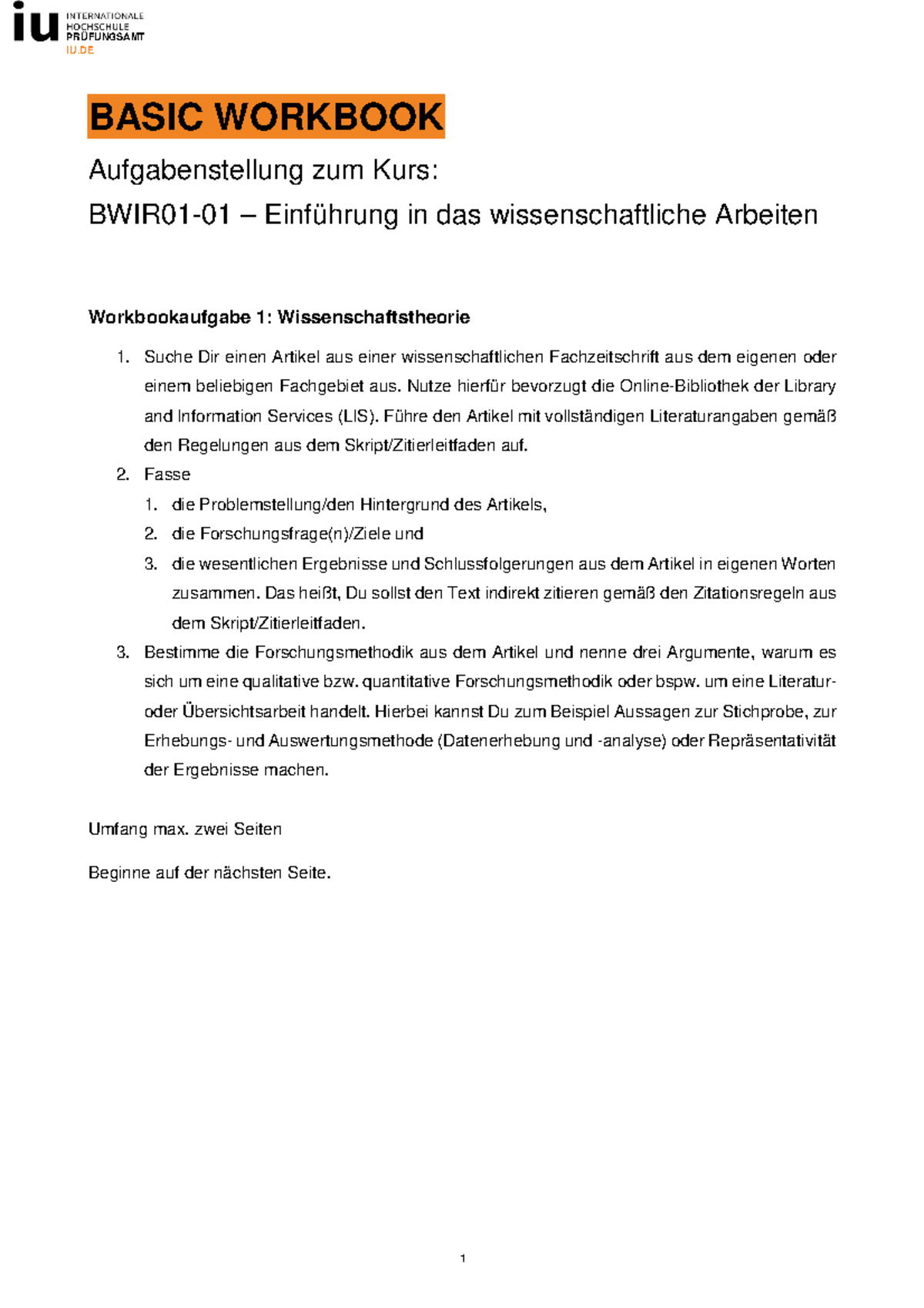 Workbook wissenschaftliches Arbeiten - BASIC WORKBOOK Aufgabenstellung