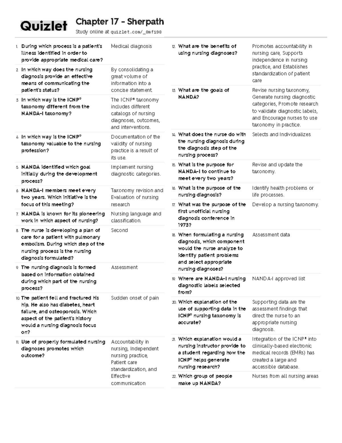 Quizlet chapter 17 diagnosis During which process is a patient's
