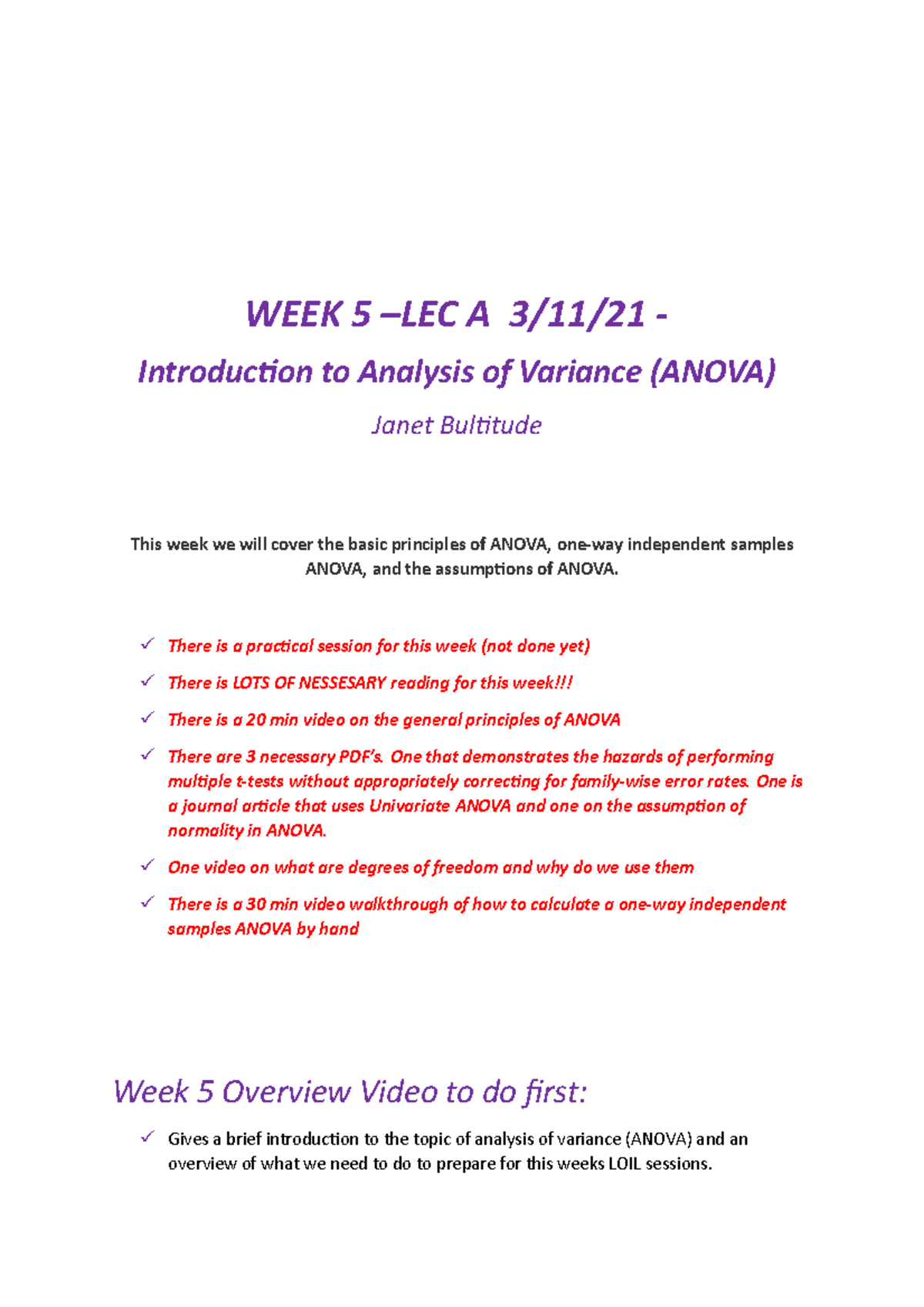 Week 5 Notes (Lec A + B) Introduction to ANOVA - WEEK 5 –LEC A 3/11/21 ...