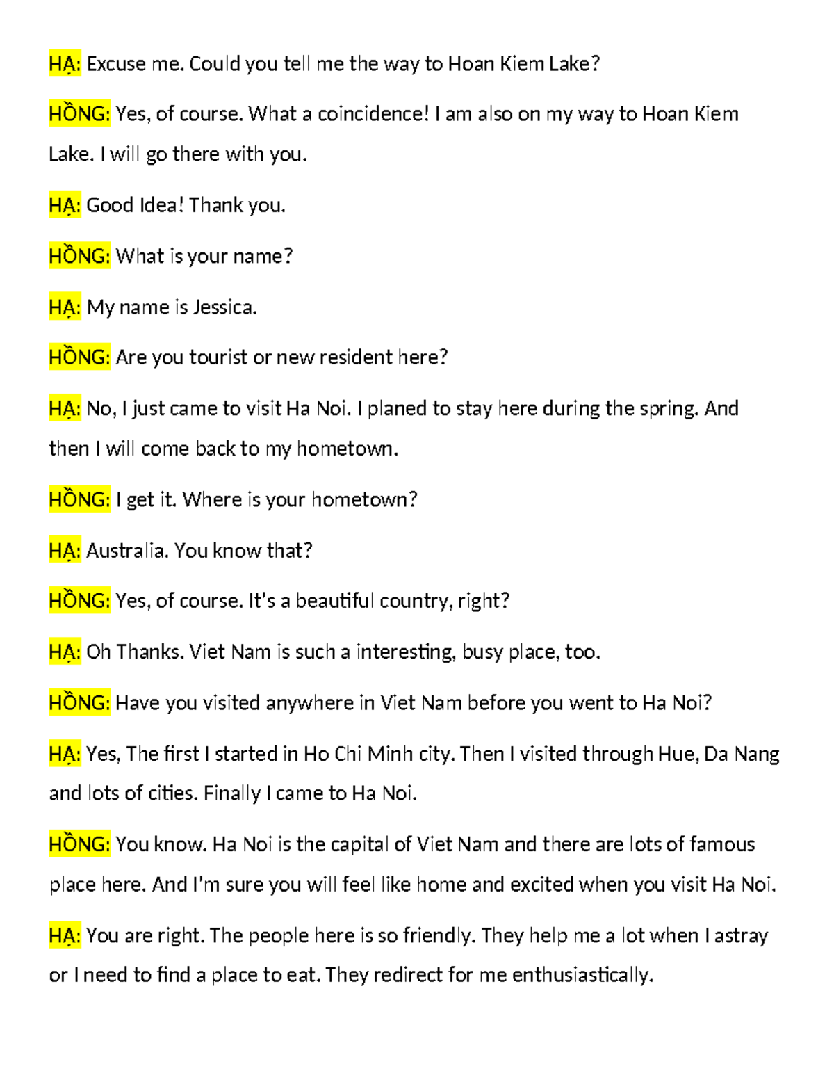 H?i tho?i v? Hoan Kiem lake in real and in fact - H?: Excuse me. Could ...