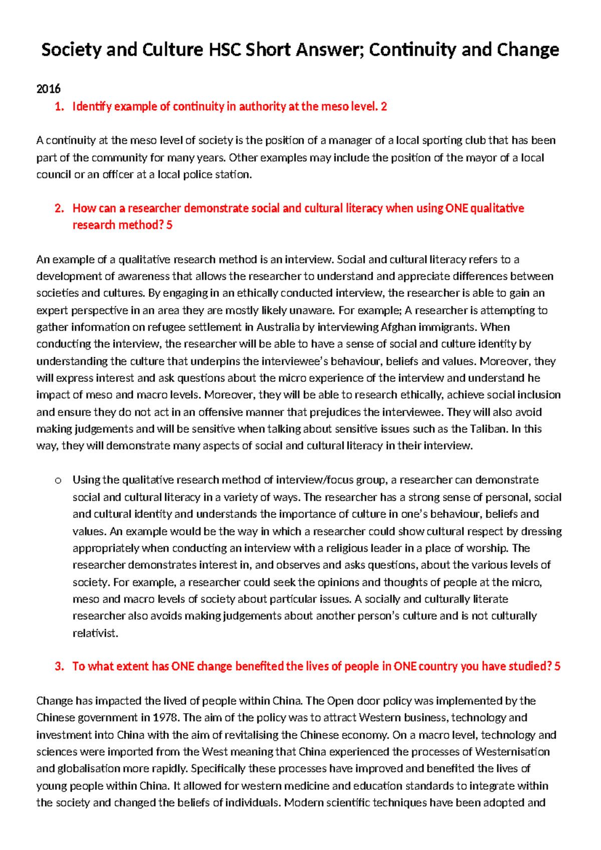 HSC Short Answer - Continuity and Change (Neilab Osman) - Society and ...