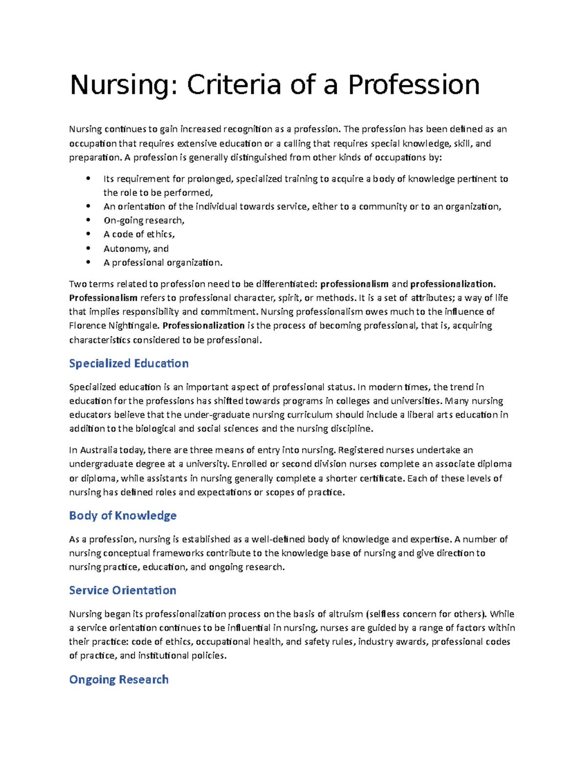 Nursing Criteria of a Profession - Nursing: Criteria of a Profession ...