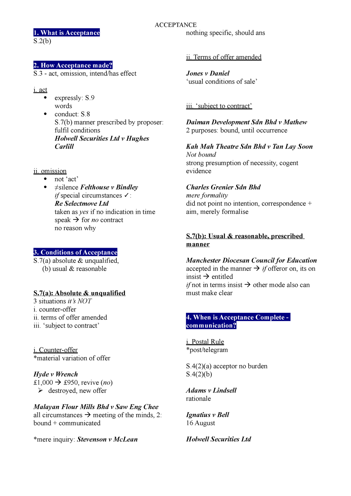 Acceptance Summary Acceptance What Is Acceptance S 2 B How Acceptance Made S 3 Act Omission Studocu