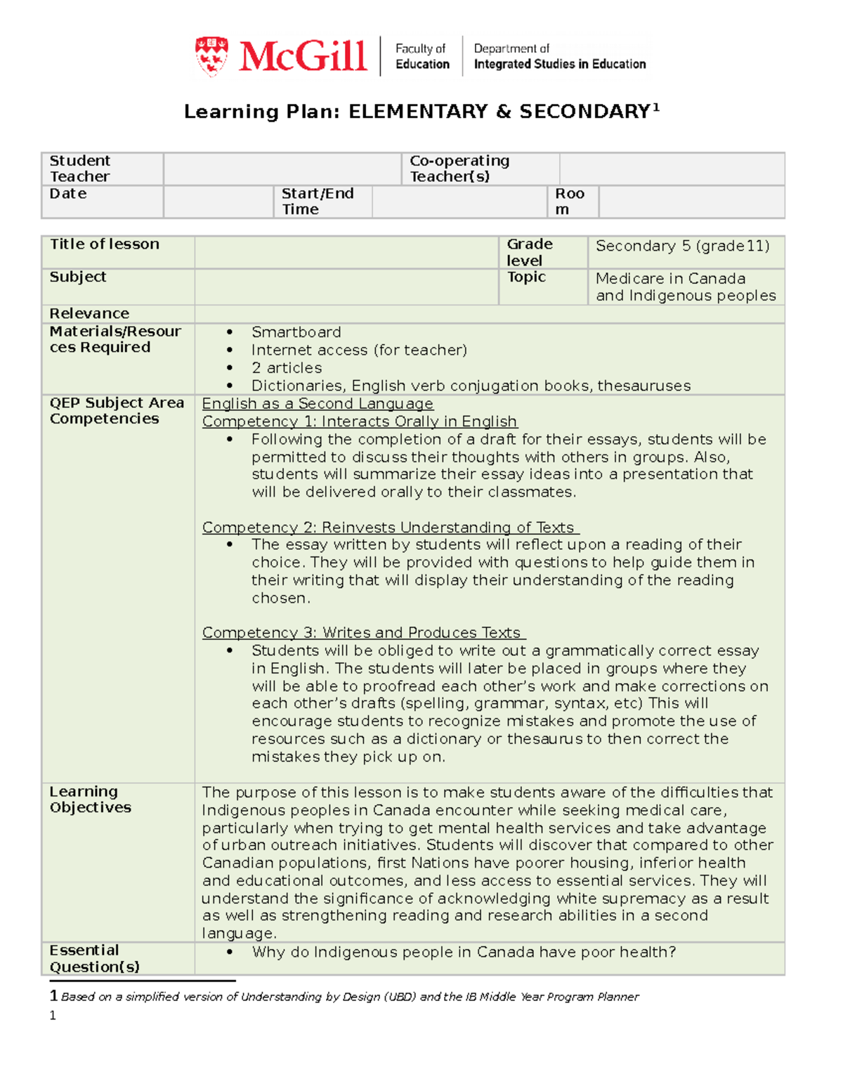Lesson Plan Template - Learning Plan: ELEMENTARY & SECONDARY 1 Student ...