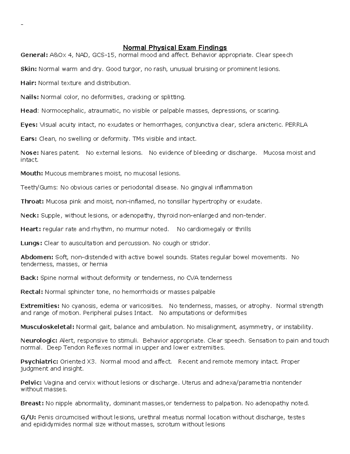 Normal Physical Exam Findings Normal Physical Exam Findings General