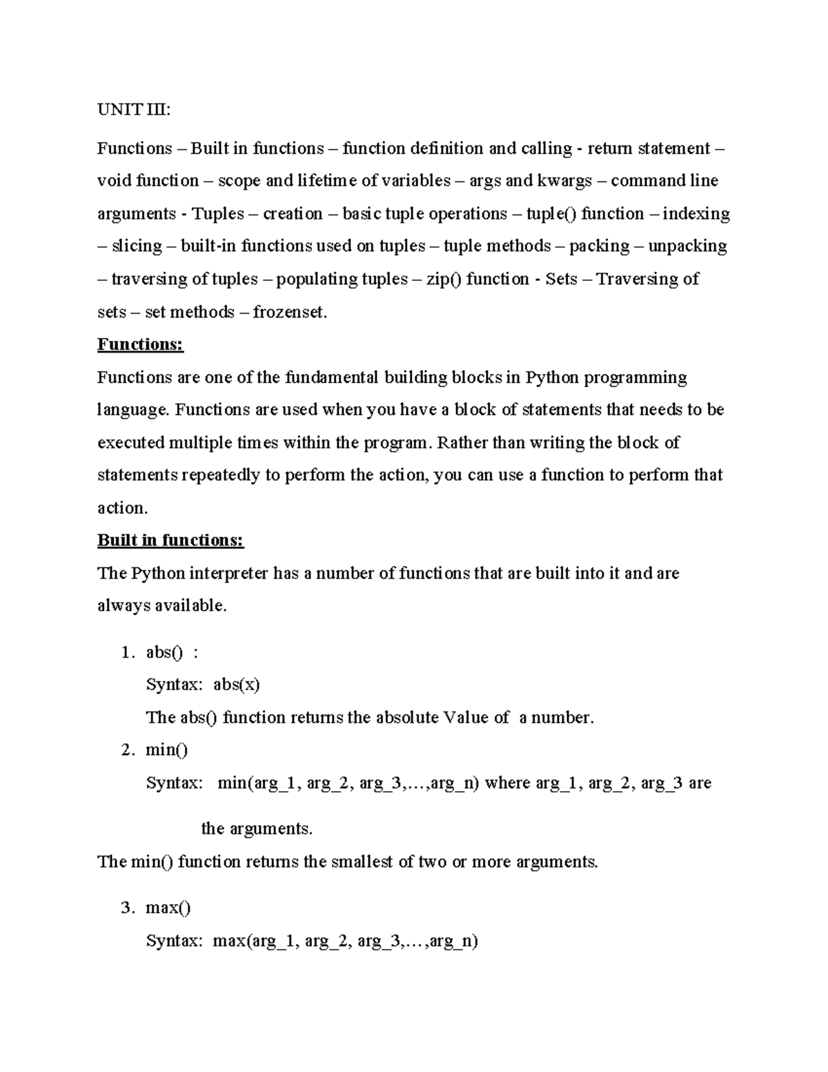 UNIT III - python - sdfghjkl - UNIT III: Functions – Built in functions ...