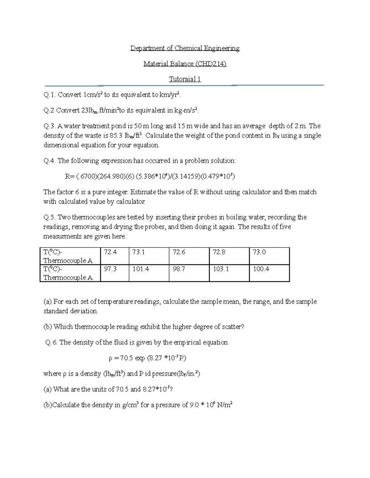 Tutorial 1 - Department of Chemical Engineering Material Balance ...