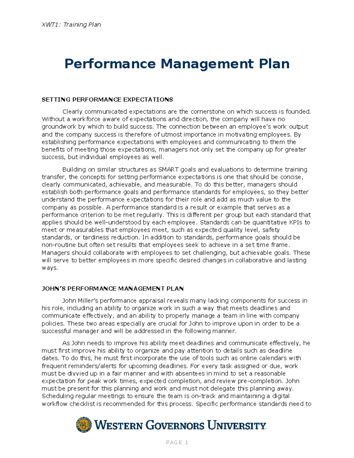 Training and Development - Task II - XWT1: Training Plan Performance ...