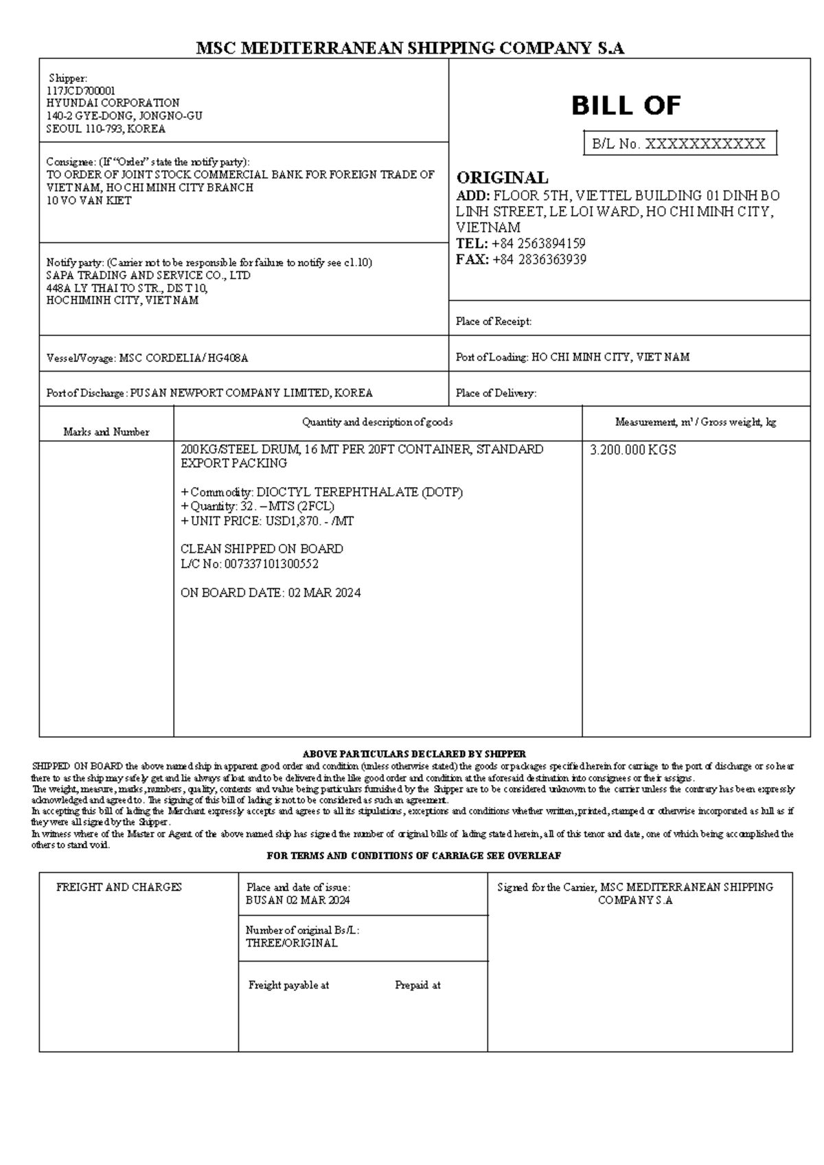 B:L - MSC MEDITERRANEAN SHIPPING COMPANY S Shipper: 117JCD HYUNDAI ...
