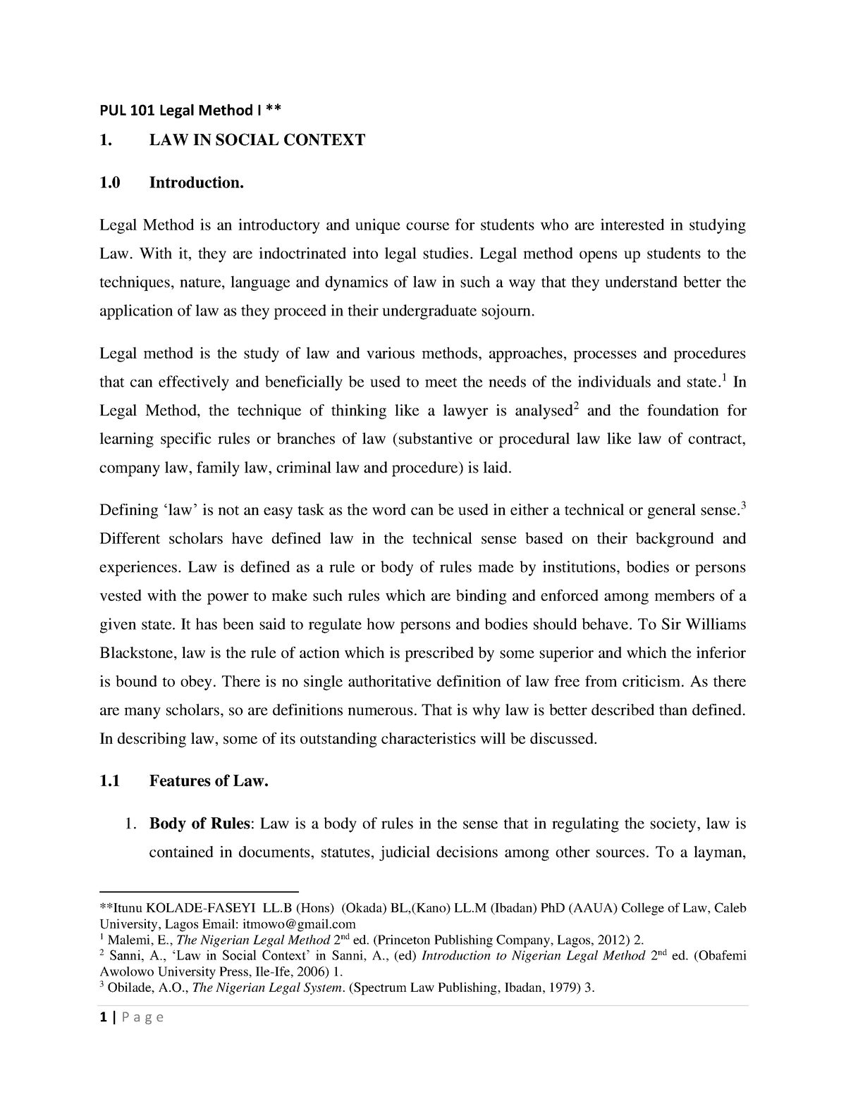 Legal Method 1 Lecture Note - PUL 101 Legal Method I ** 1. LAW IN ...