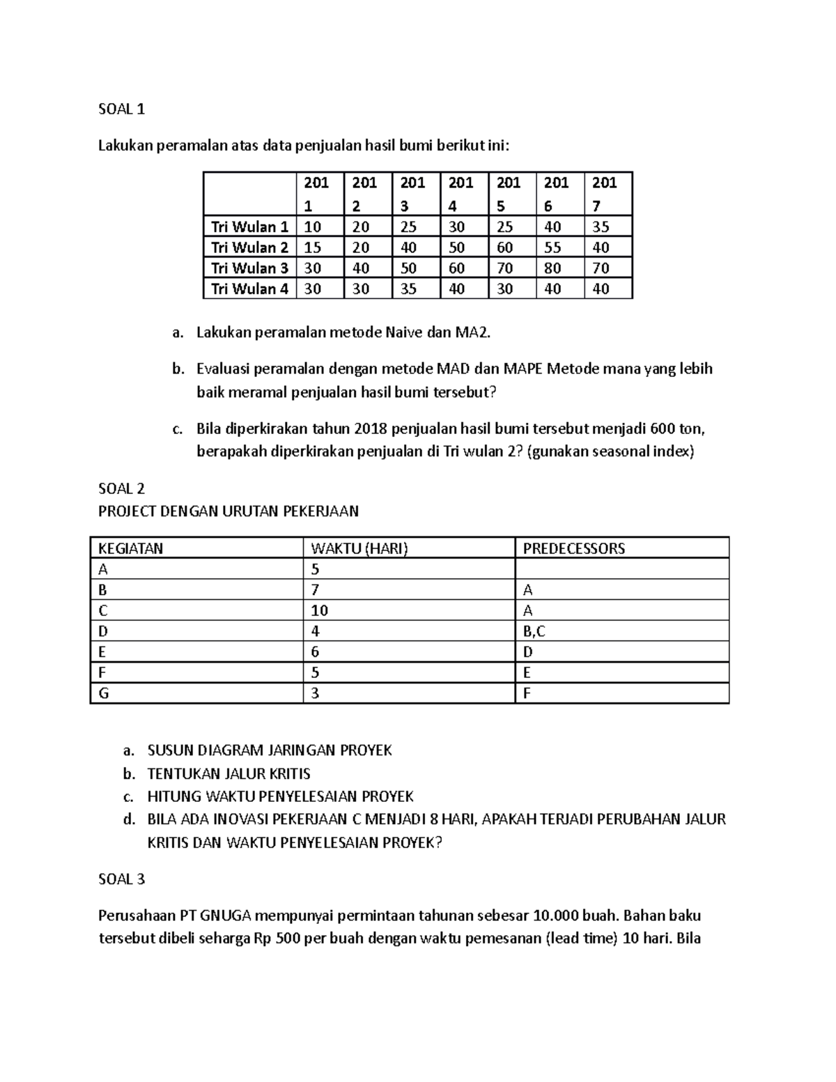 SOAL UAS Manajemen Operasi 2019 - SOAL 1 Lakukan Peramalan Atas Data ...