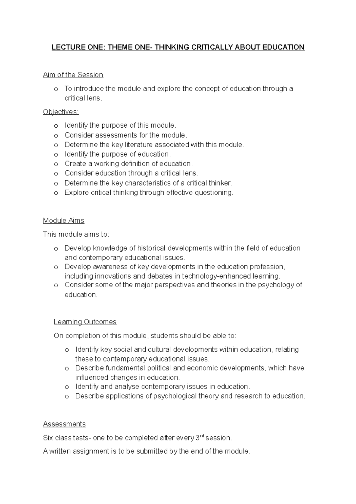 Lecture 1- Thinking Critcially About Edcuation - LECTURE ONE: THEME ONE ...