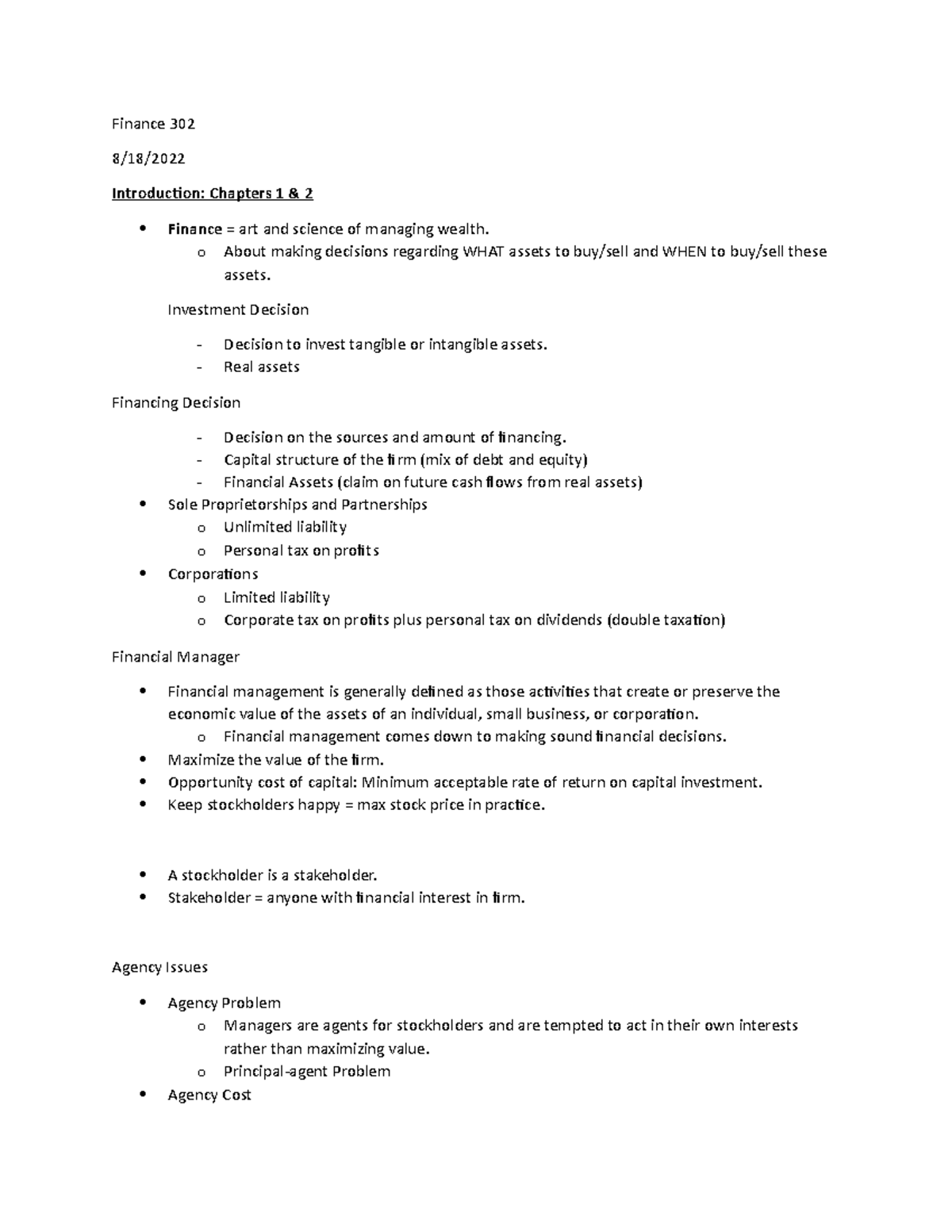 Finance 302 - Exam 1 - Finance 302 8/18/ Introduction: Chapters 1 & 2 ...