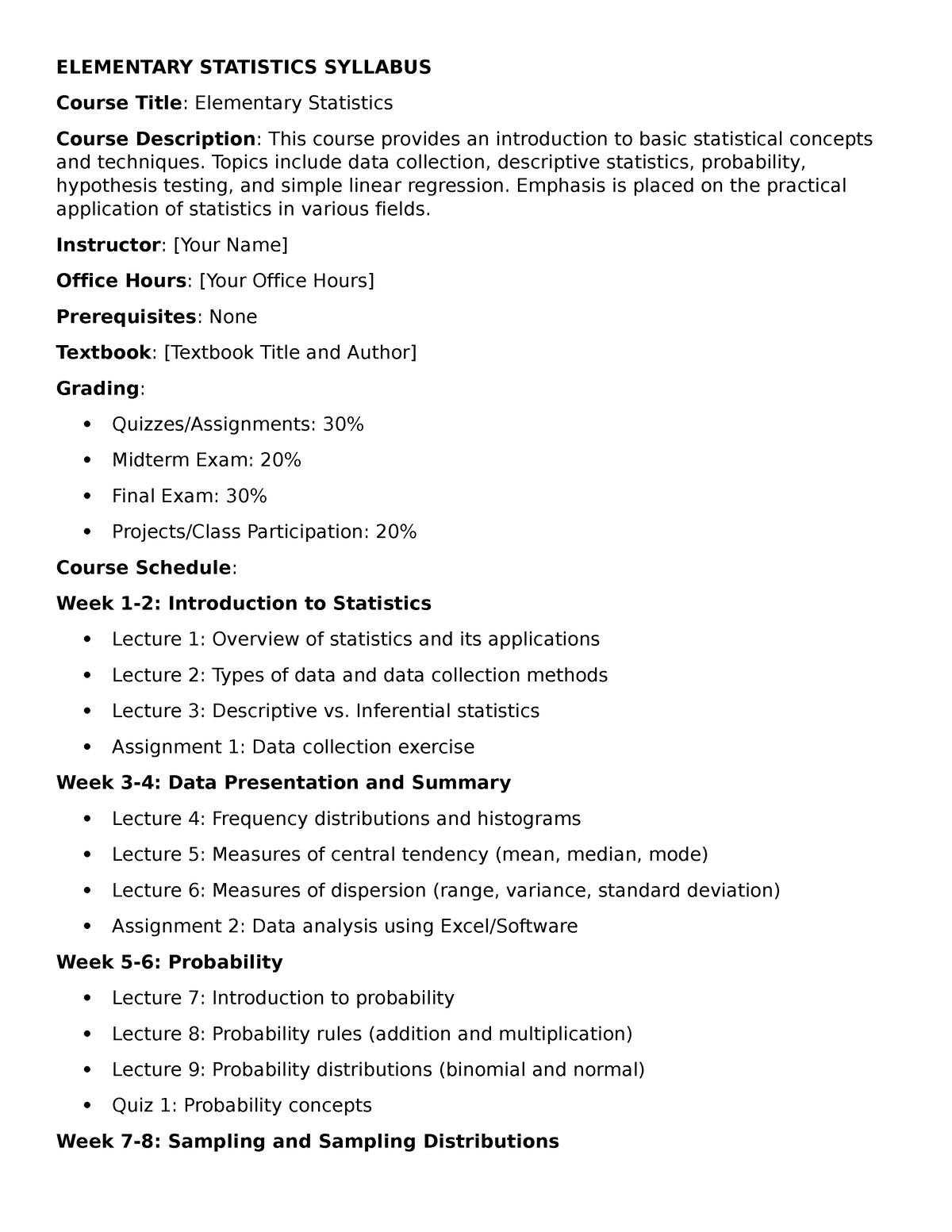 Elementary- Statistics- Syllabus - ELEMENTARY STATISTICS SYLLABUS ...