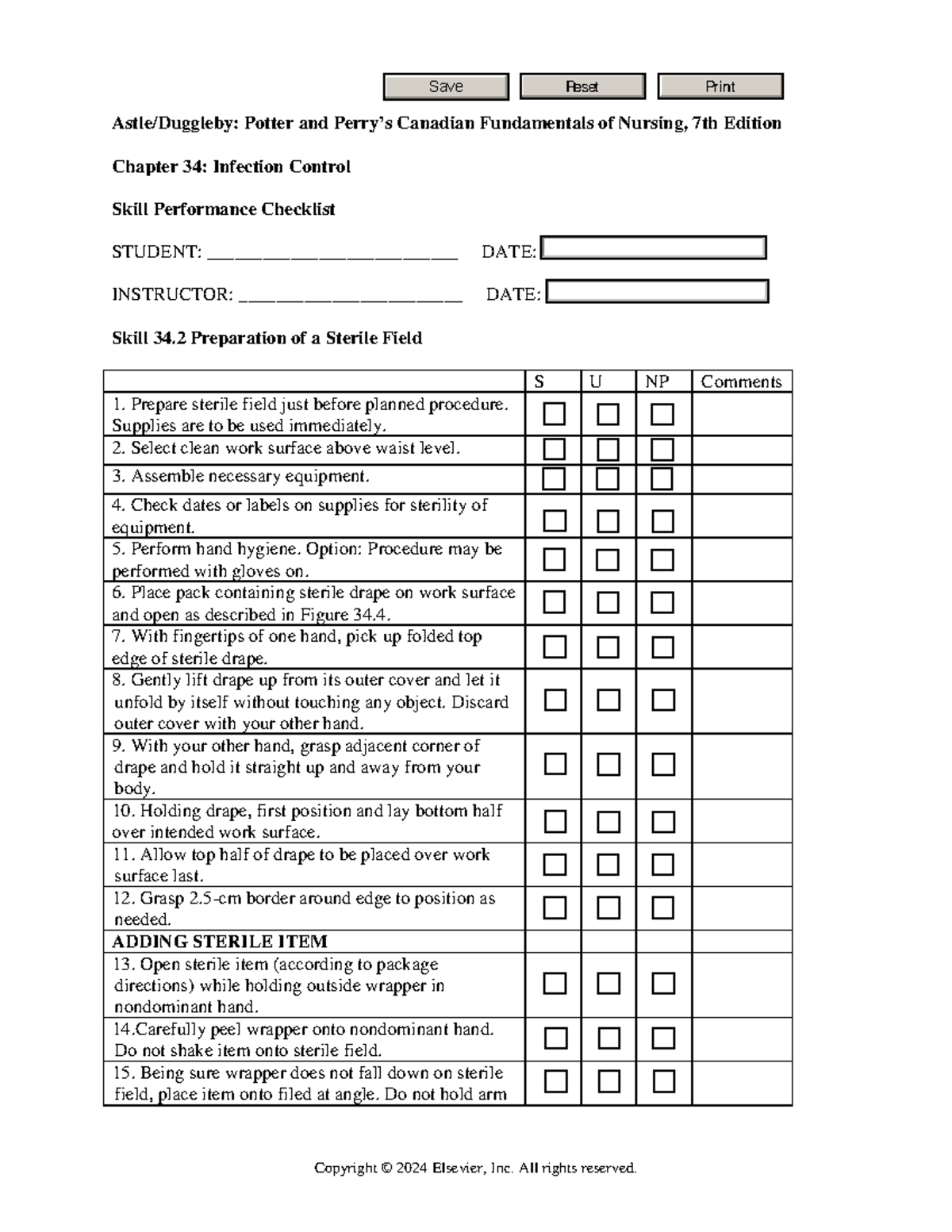 Sterile Field Checklist - Copyright © 2024 Elsevier, Inc. All rights ...