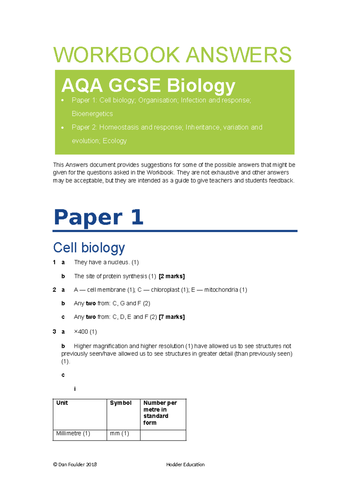 Biology AQA GCSE workbook - WORKBOOK ANSWERS AQA GCSE Biology Paper 1 ...