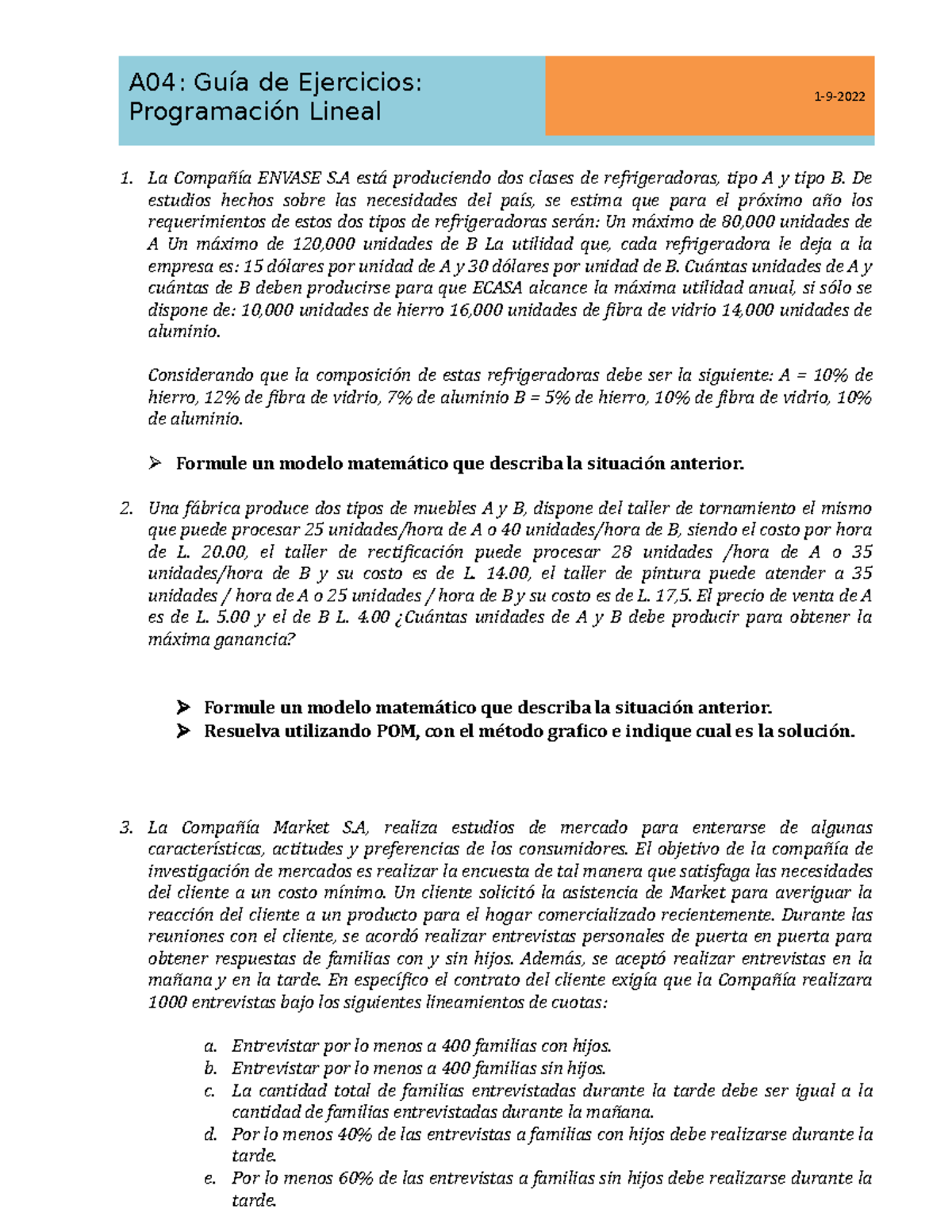 A Guia De Ejercicios Iii Programaci N Lineal La Compa A Envase S Est Produciendo