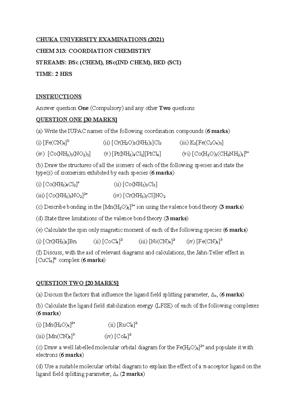 Chem 313 Exam Chemistry Chuka University Examinations 2021 Chem