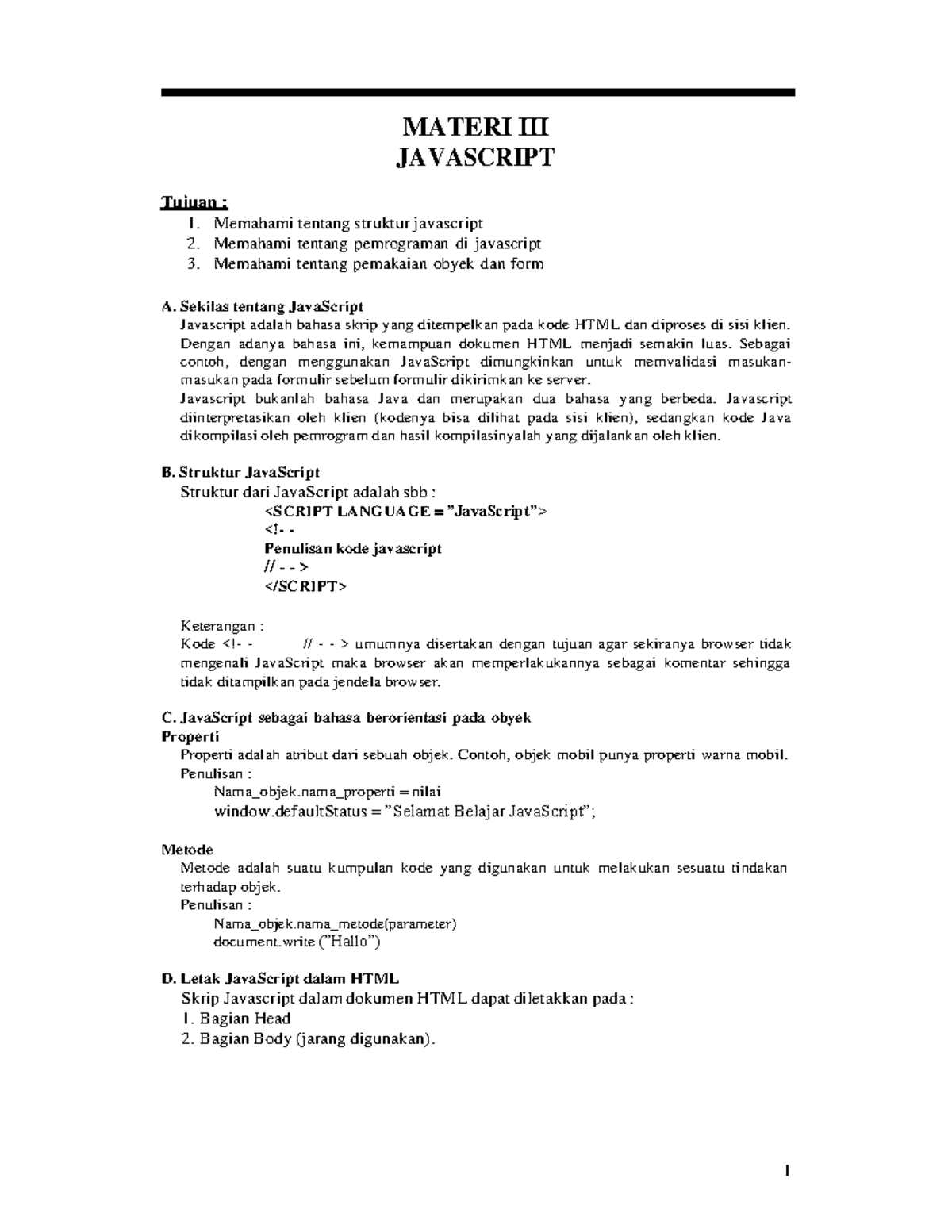 Modul javascript catatan materi iii javascript tujuan 1 memahami