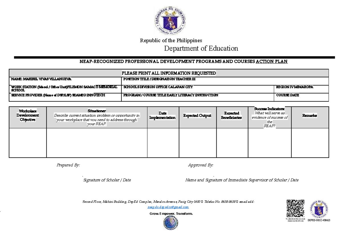 Enclosure K Scholars Action Plan - Republic of the Philippines ...