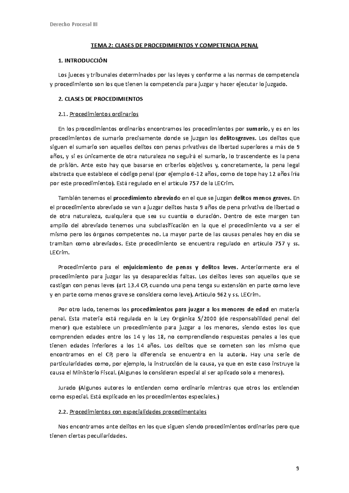 Tema 2 - procesal penal - TEMA 2: CLASES DE PROCEDIMIENTOS Y ...