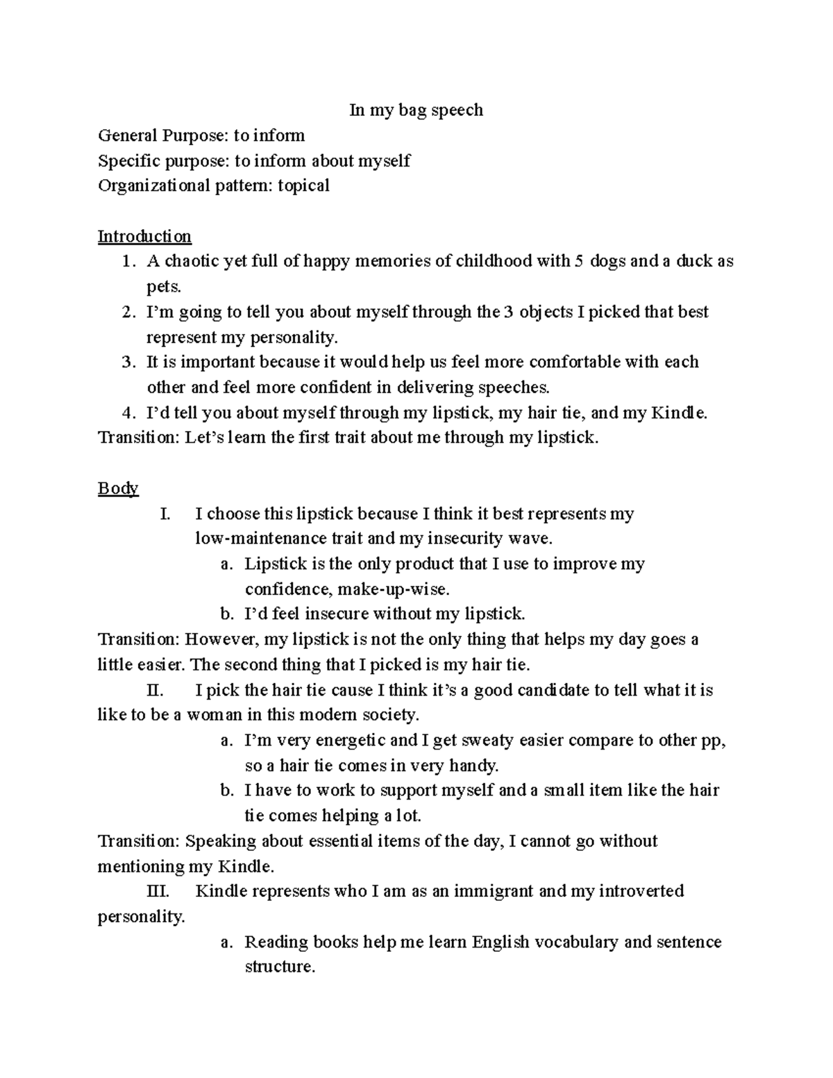 CMST First Call Speech Outline - In my bag speech General Purpose: to ...