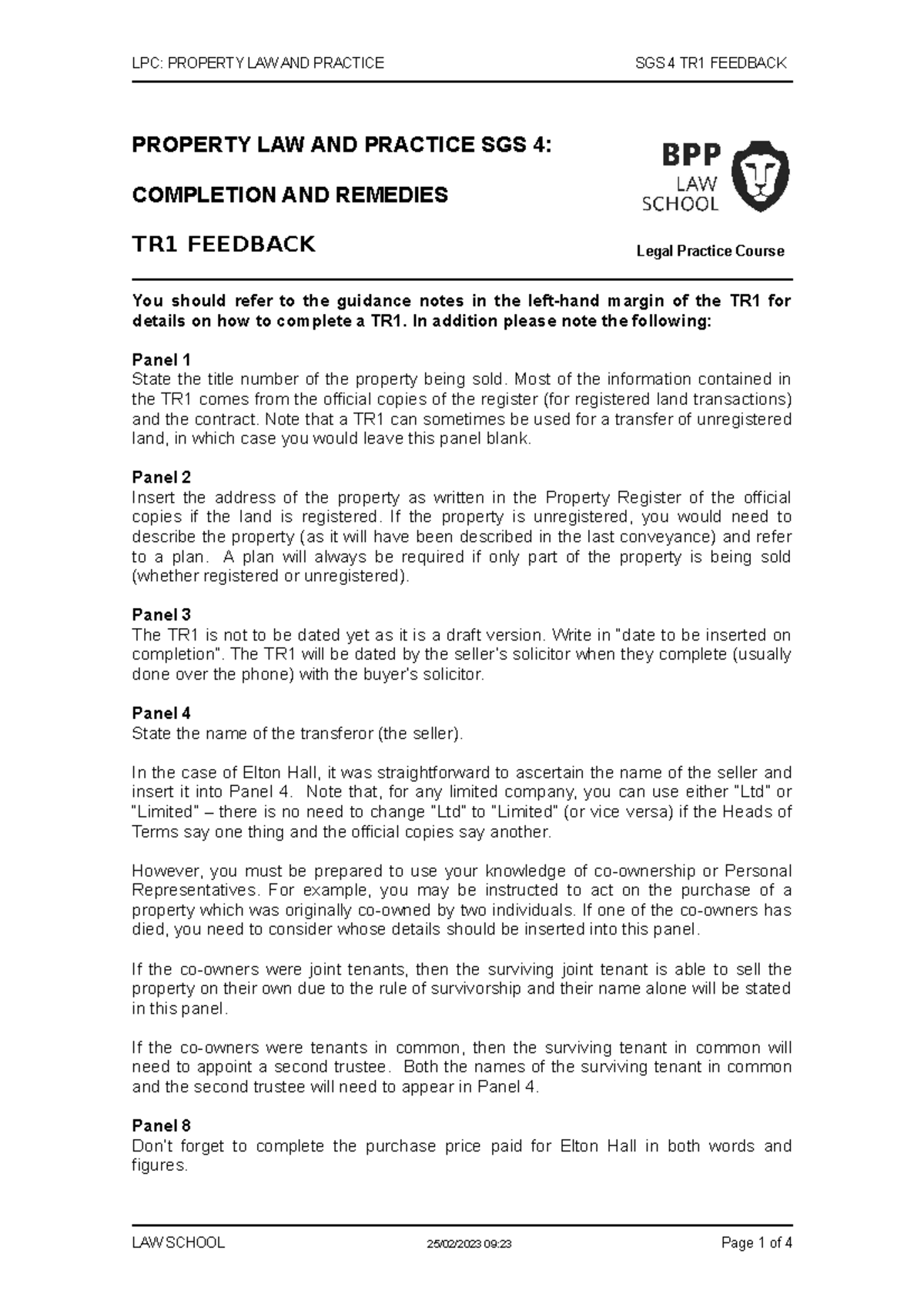 Property SGS 4 TR1 feedback 202223 LPC PROPERTY LAW AND PRACTICE