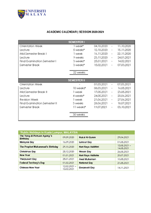 UM Academic Calendar 2020 2021 - ACADEMIC CALENDAR | SESSION 2020/ SEMESTER  I Orientation Week 1 - Studocu