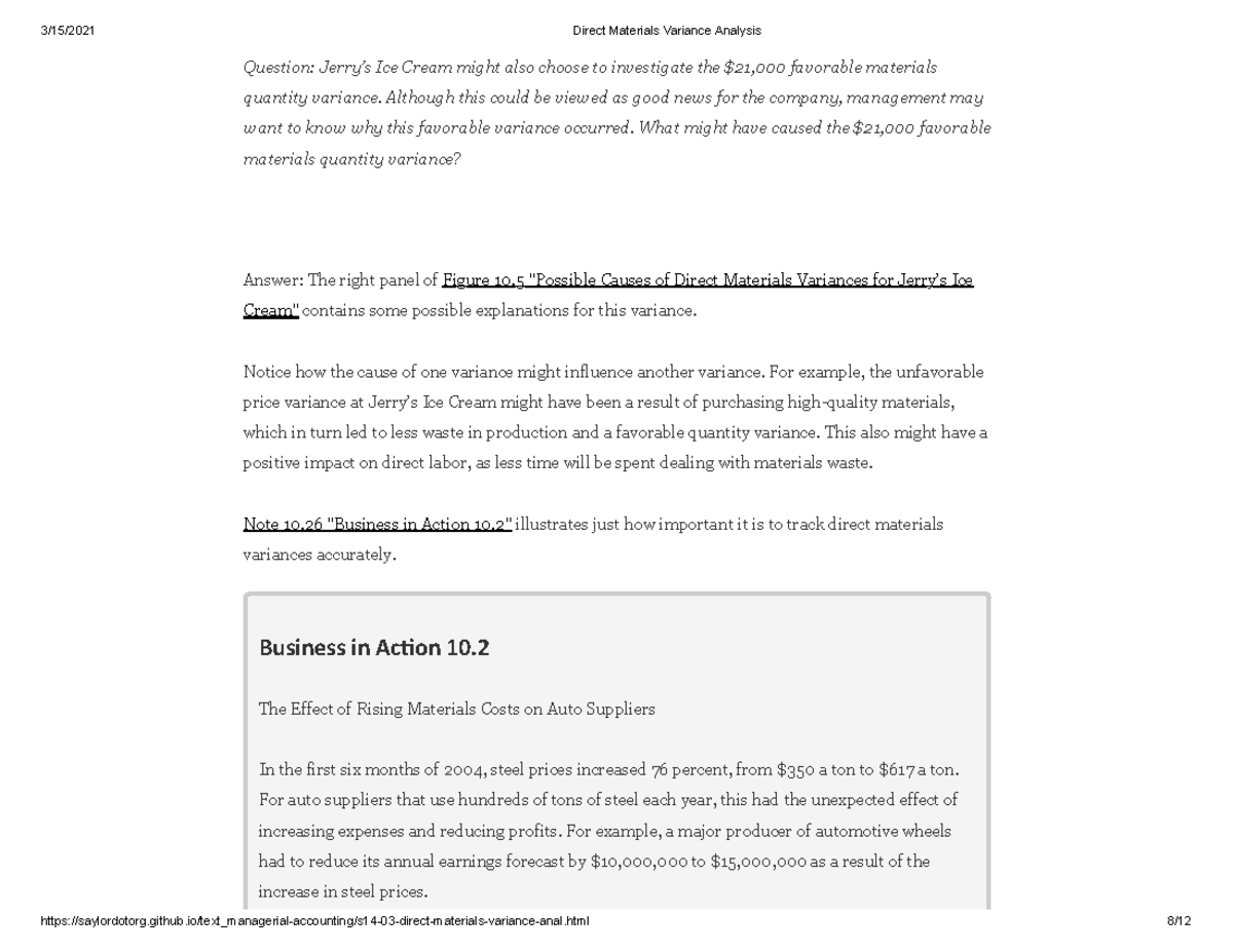 Direct Materials Variance Analysis - 3/15/2021 Direct Materials ...