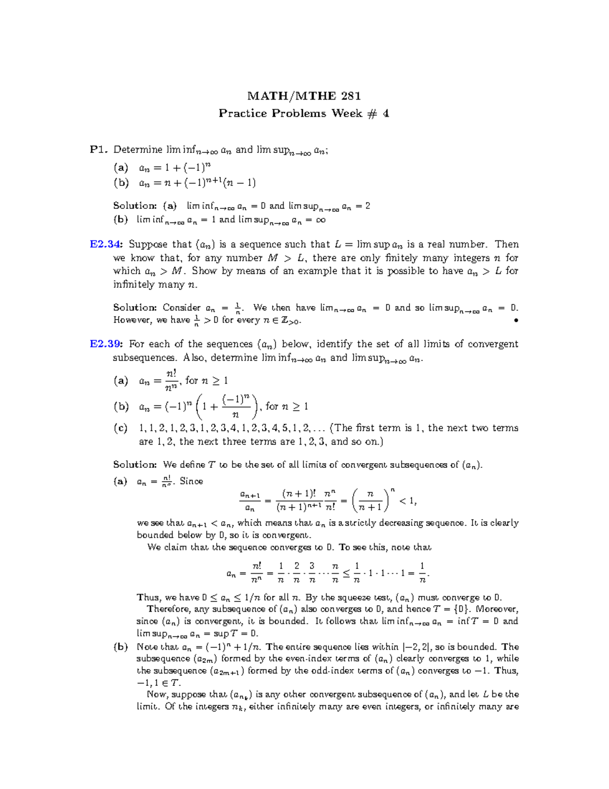 Practice Problems Week 4 - MATH/MTHE 281 Practice Problems Week # 4 P1 ...