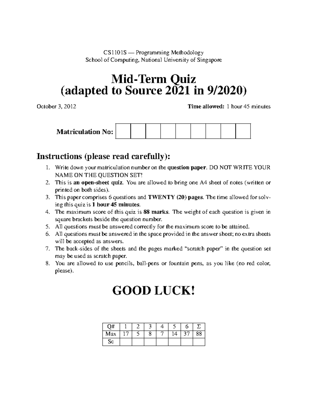 Midterm 1213 - CS1101S — Programming Methodology School of Computing ...