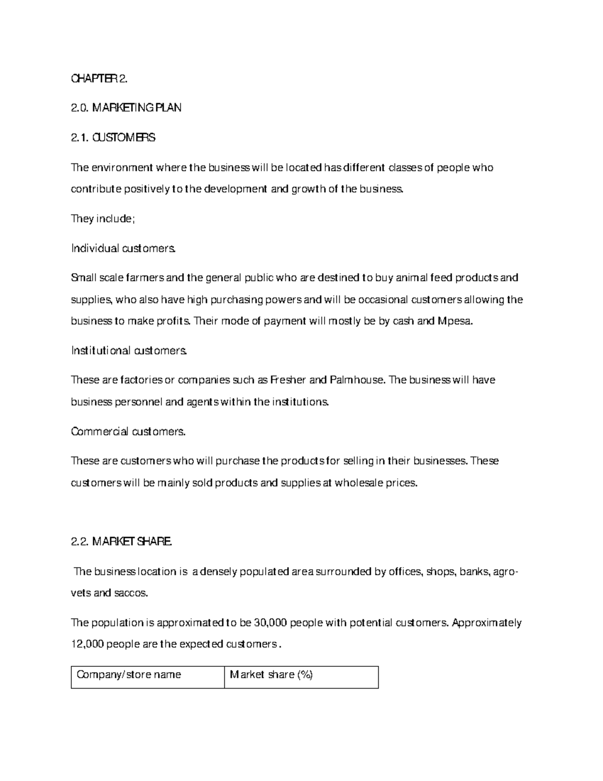 business plan chapter 2 marketing plan