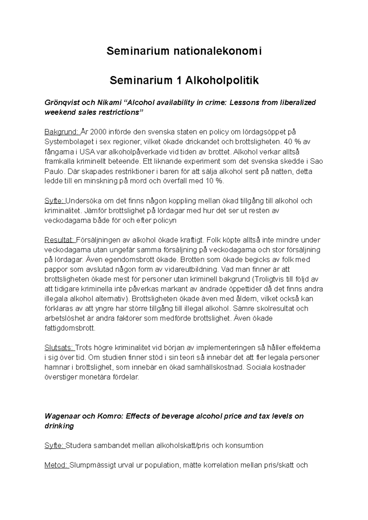 Seminarium Nationalekonomi - Seminarium Nationalekonomi Seminarium 1 ...