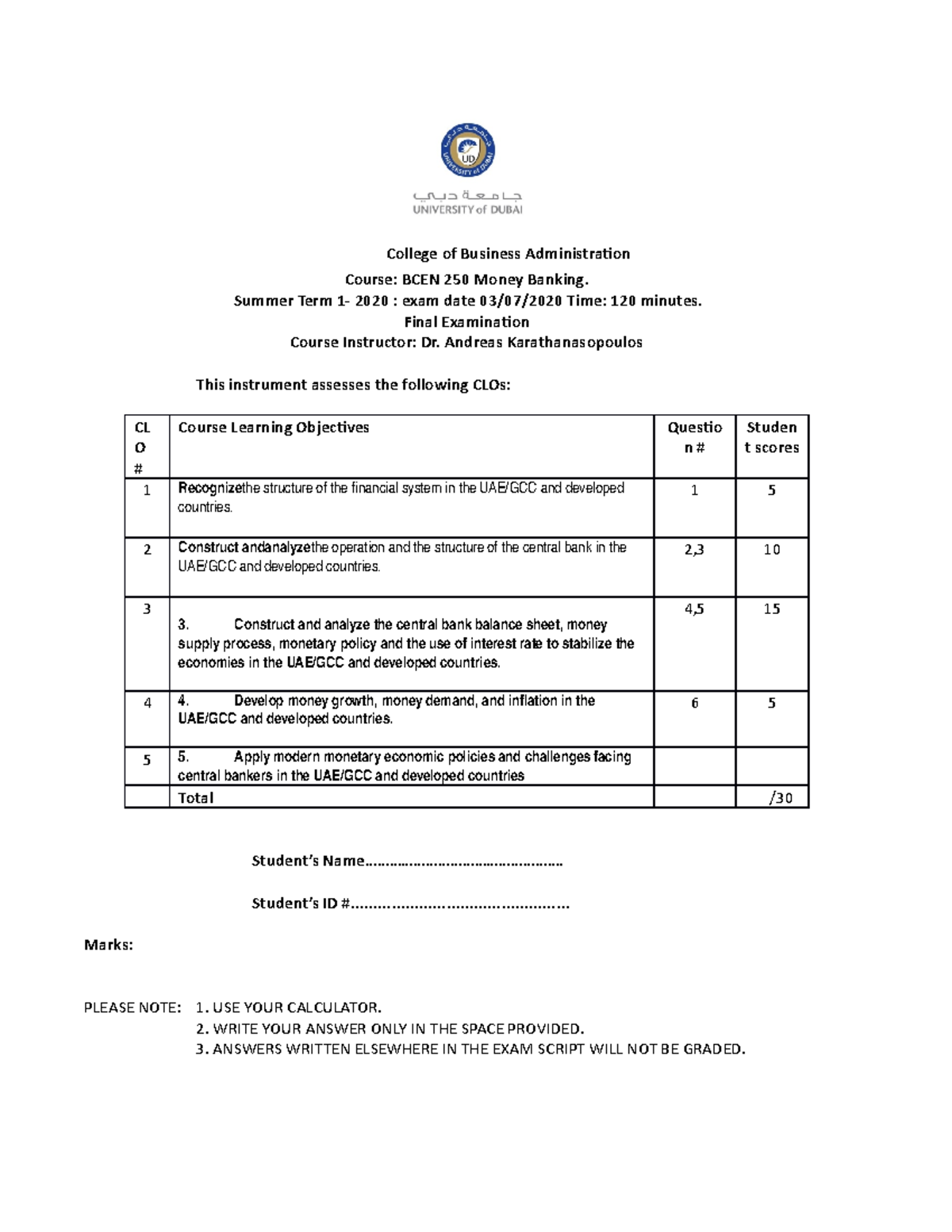 Final exam 2020 money banking questions - College of Business ...