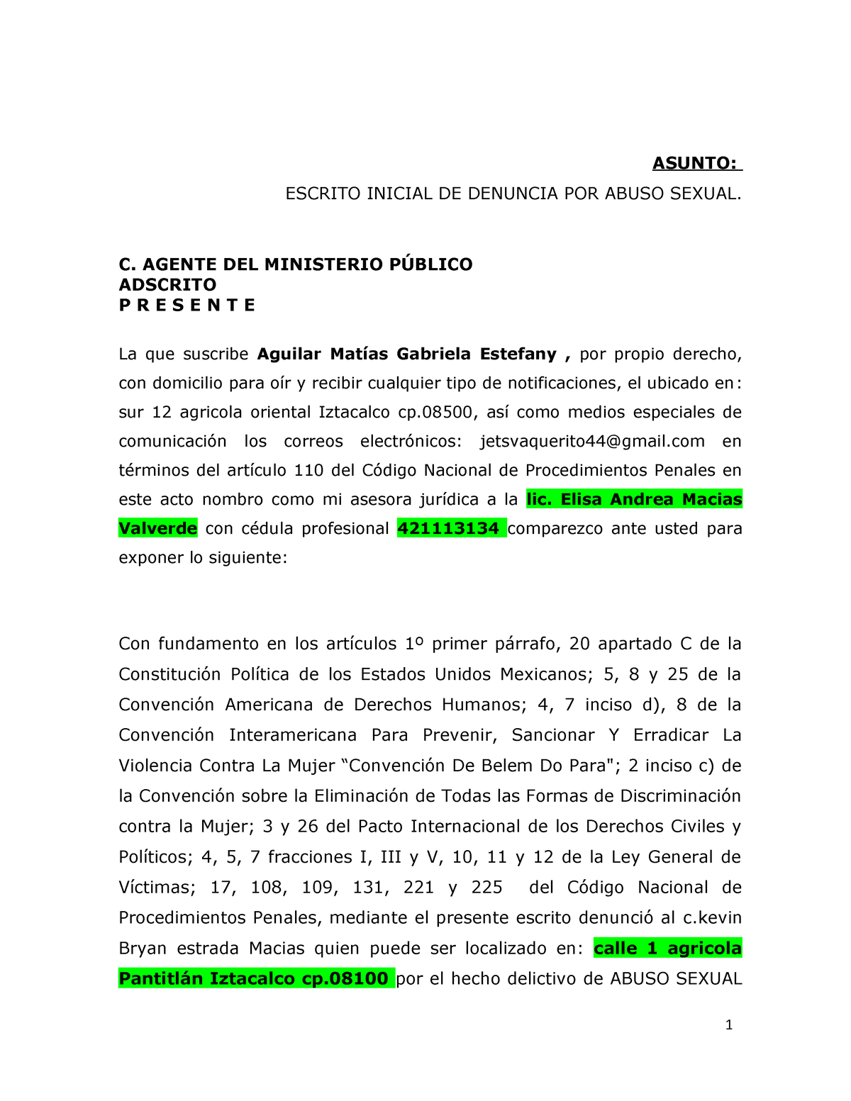 Abuso Sexual Asunto Escrito Inicial De Denuncia Por Abuso Sexual C Agente Del Ministerio 1834