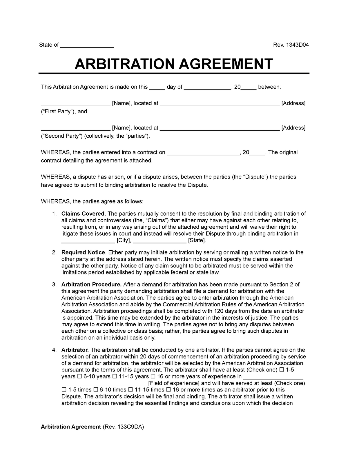arbitration agreement template