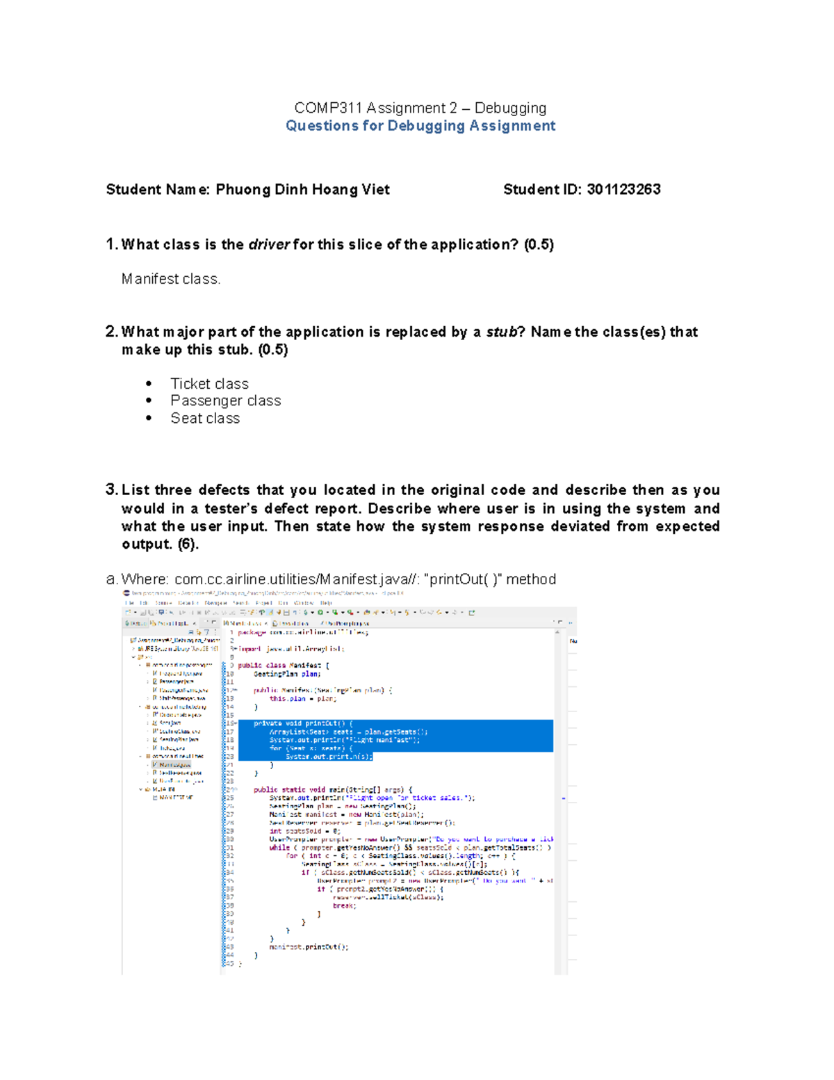 Assignment 2-Debugging Questions Answers - COMP311 Assignment 2 ...