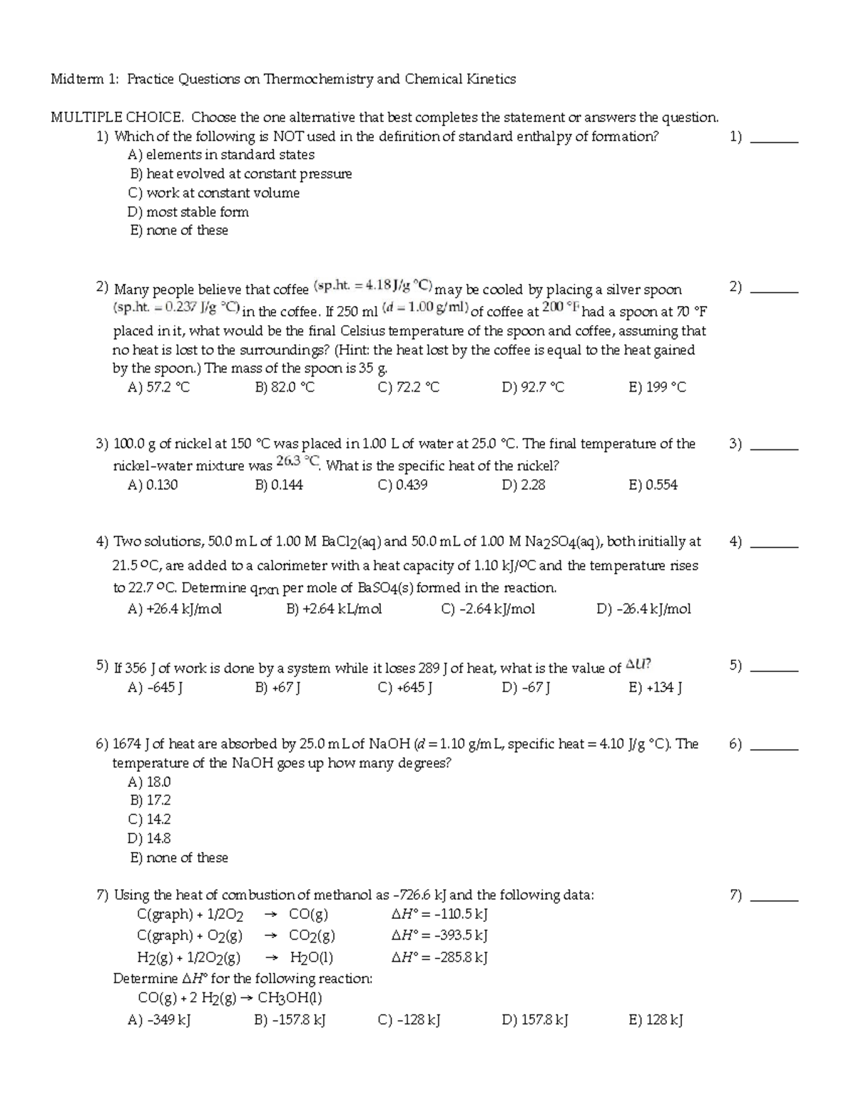 Midterm Exam 2011, Questions Thermochemistry and Chemical