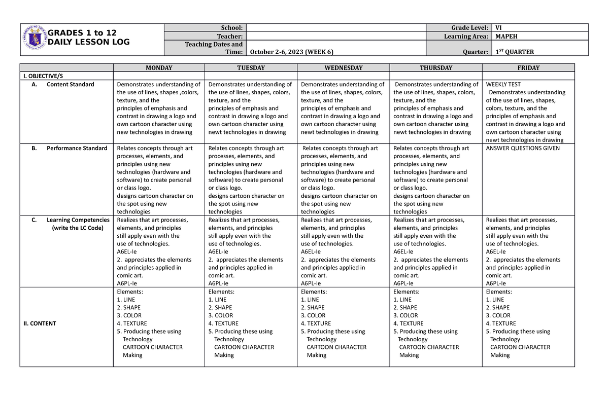 Mapeh VI DLL Q1 W6 10-01-2023 - GRADES 1 to 12 DAILY LESSON LOG School ...