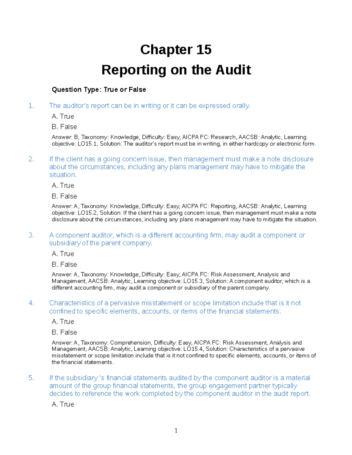 Ch15 1 - Notes - Chapter 15 Reporting on the Audit Question Type: True ...