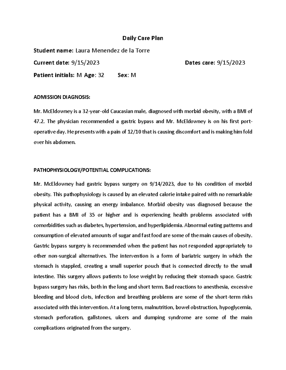 Daily care plan - First part of Care Plan - Daily Care Plan Student ...