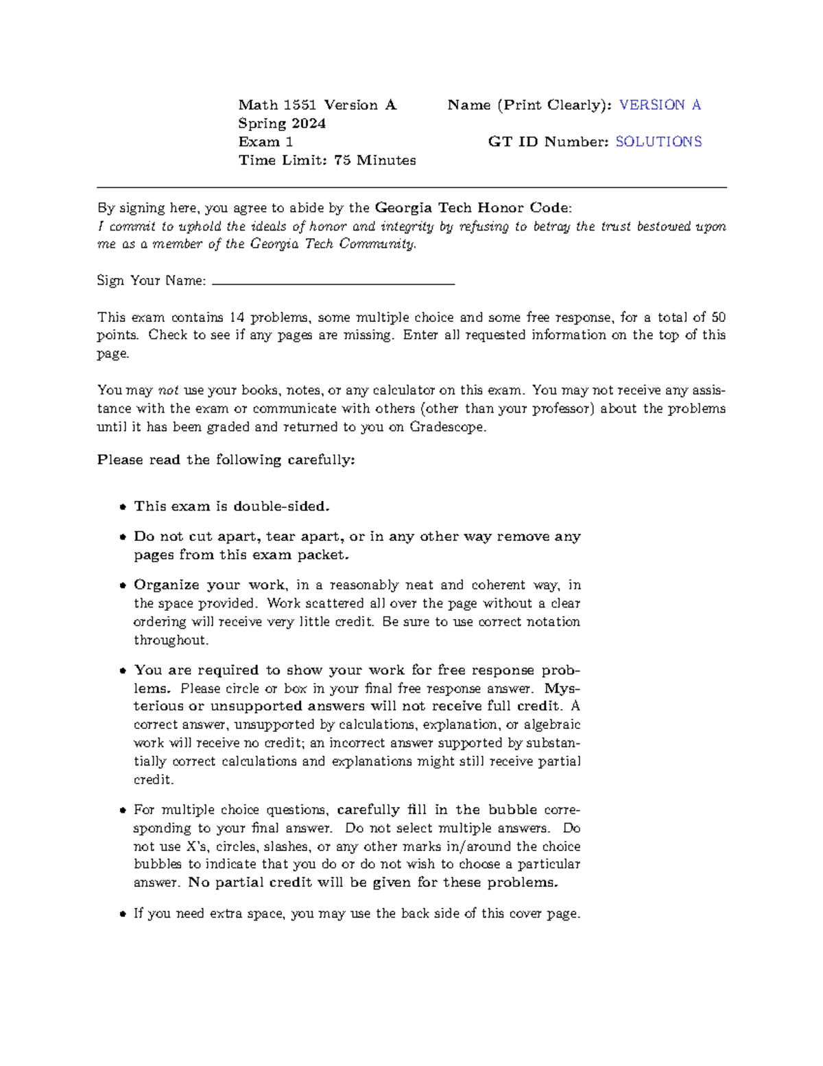Exam 1 Version A Sp 24 (Answer Keys) - Math 1551 Version A Name (Print ...