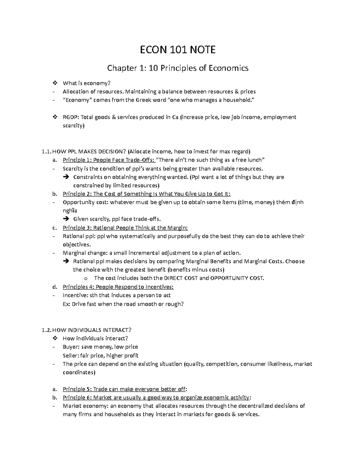 ECON 101 NOTE - Copy - ECON 101 - ECON 101 NOTE Chapter 1: 10 ...