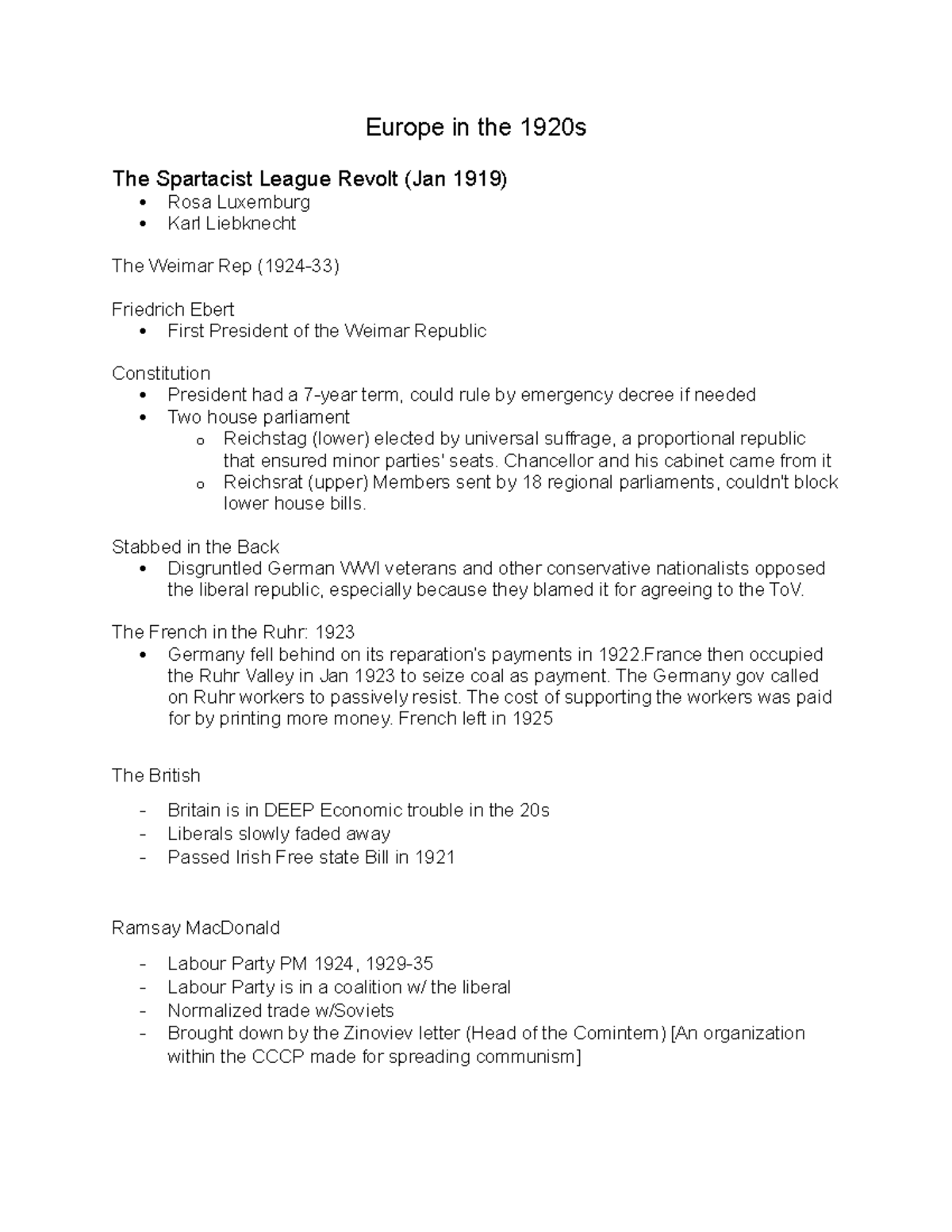 1920s EU - Covers the AP European History Notes (Uploader scored a 5 on ...