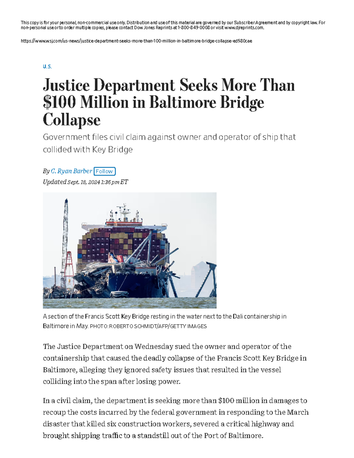 Justice Department Seeks More Than 100 Million in Baltimore Bridge