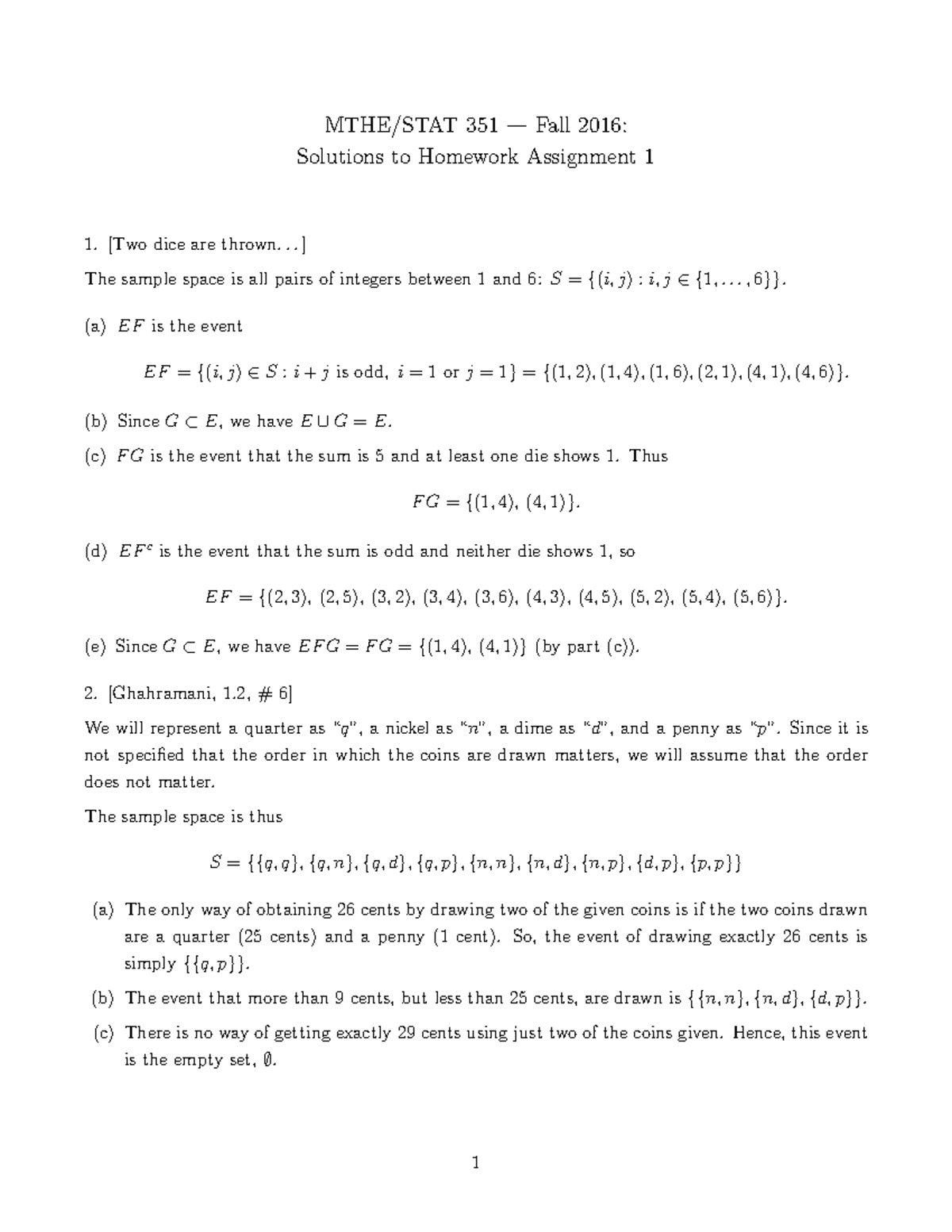 2016 Solutions 1 - MTHE/STAT 351 — Fall 2016: Solutions to Homework ...