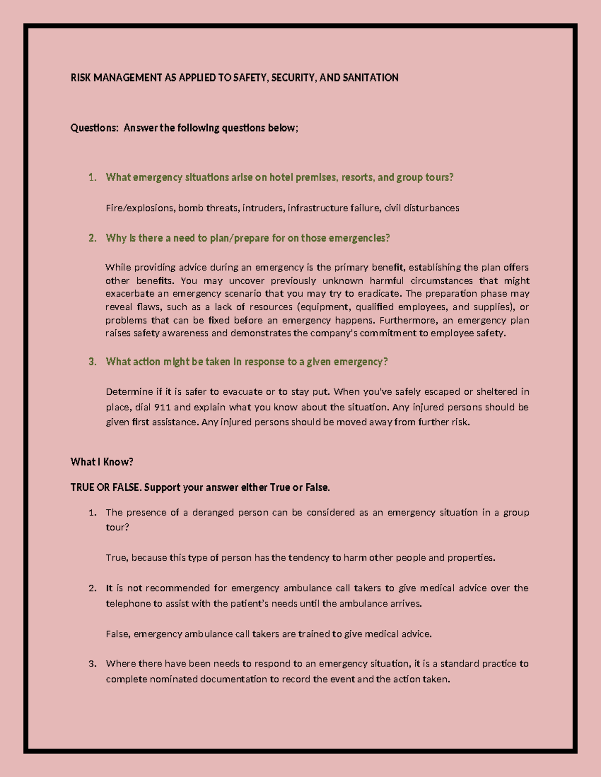 TEST OF Understanding ON Emergency Response - RISK MANAGEMENT AS ...
