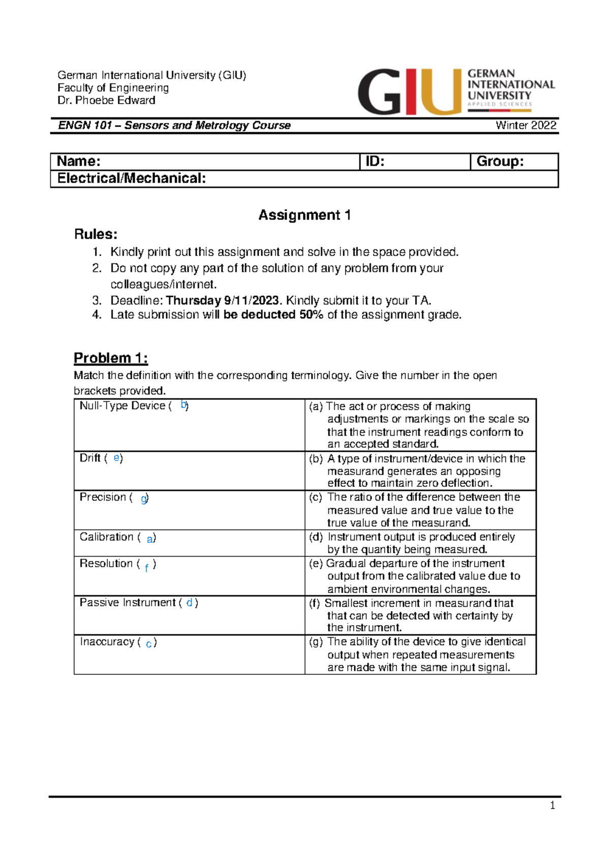 Assignment 1 sensors - German International University (GIU) Faculty of ...