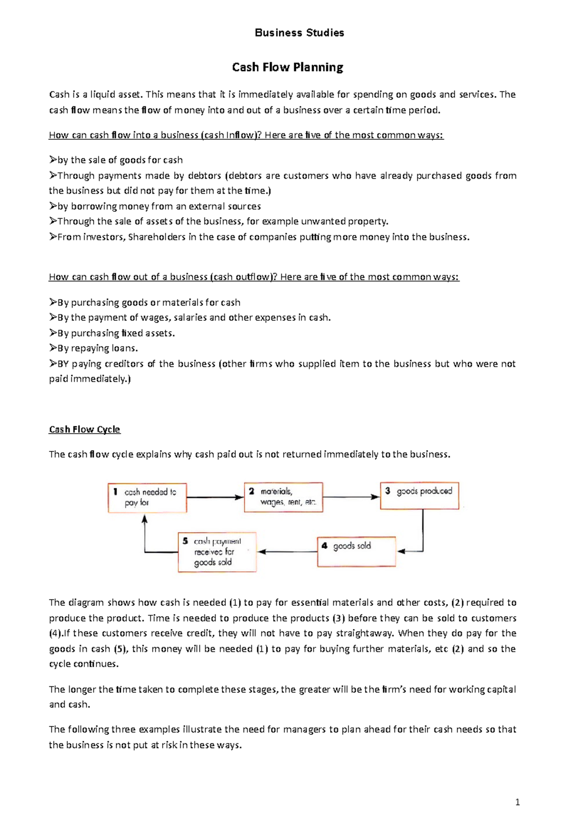 Cashflow - Its Lecture Notes For Cash Flow - Business Studies Cash Flow 