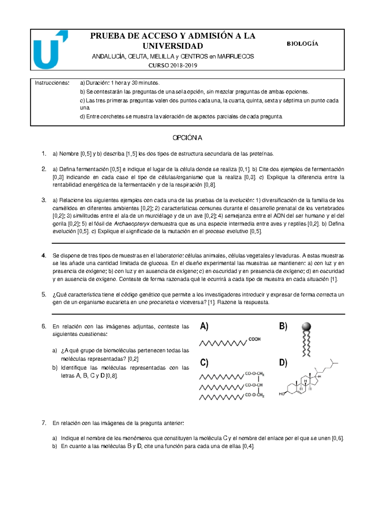 Ex Menes Biolog¡a A Y B - Selectividad - PRUEBA DE ACCESO Y ADMISIÓN A ...